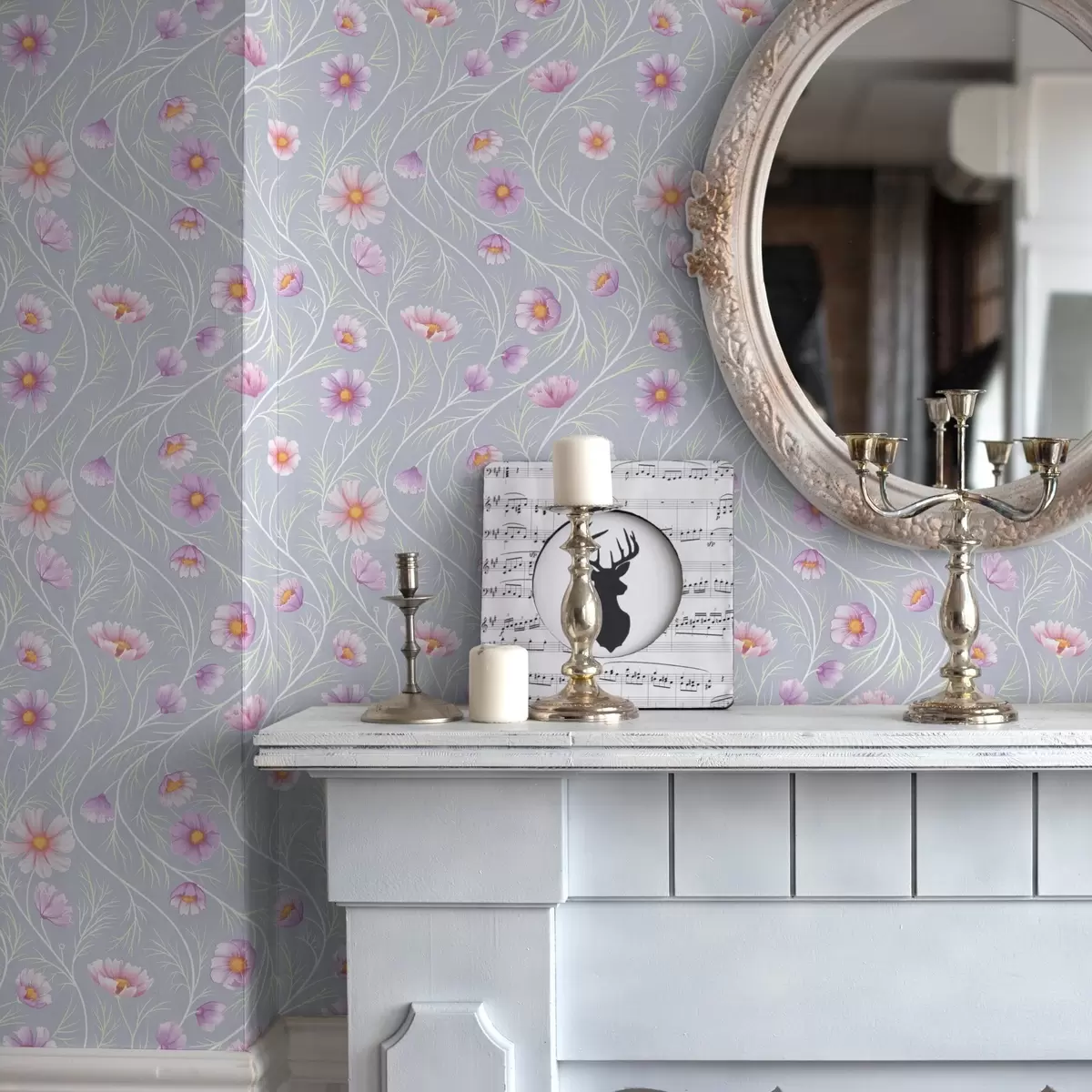 Позадина Ружичасти космос и витке стабљике на сивој позадини a00791