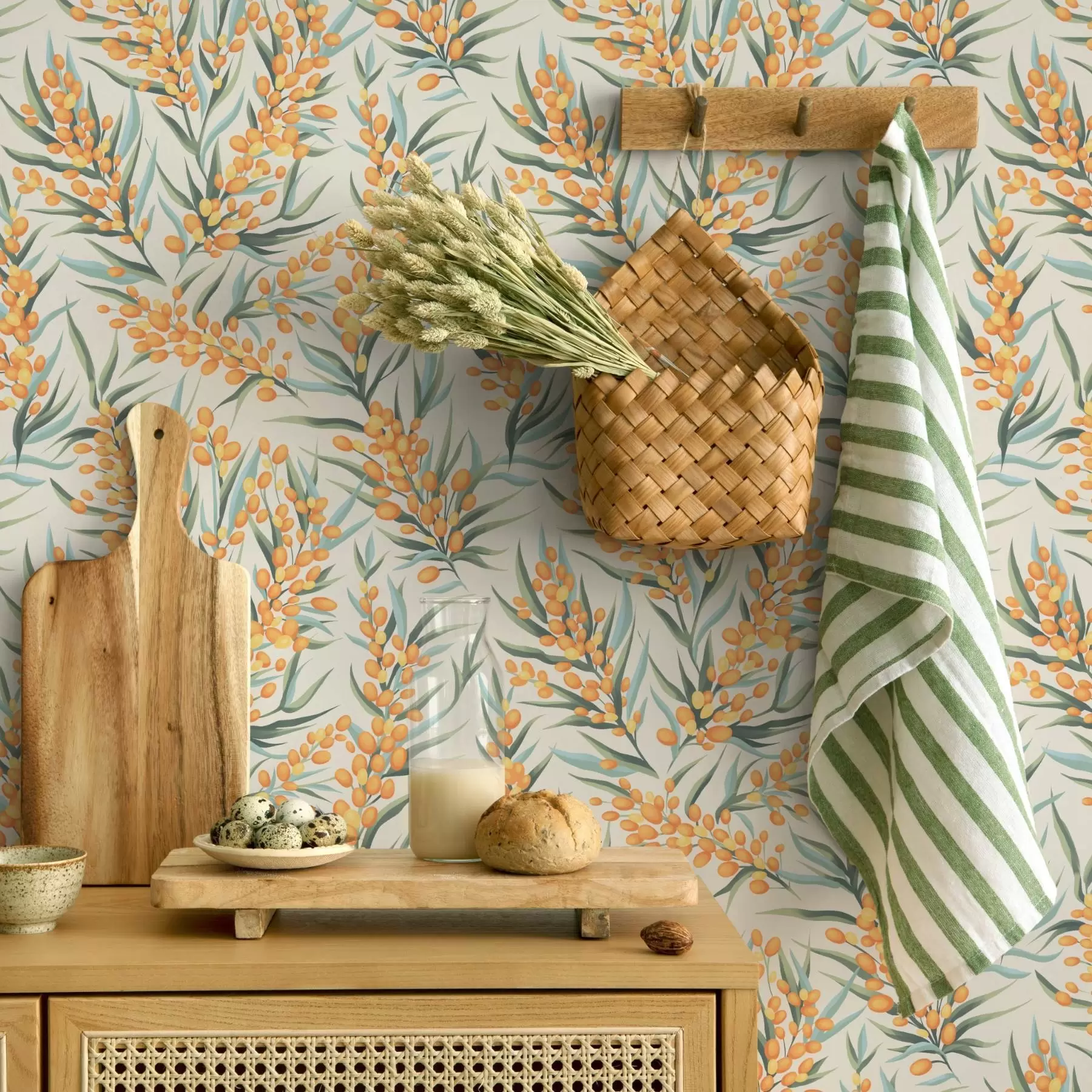 wall murals Гране морске пасја трна са наранџастим бобицама, светла позадина a00792