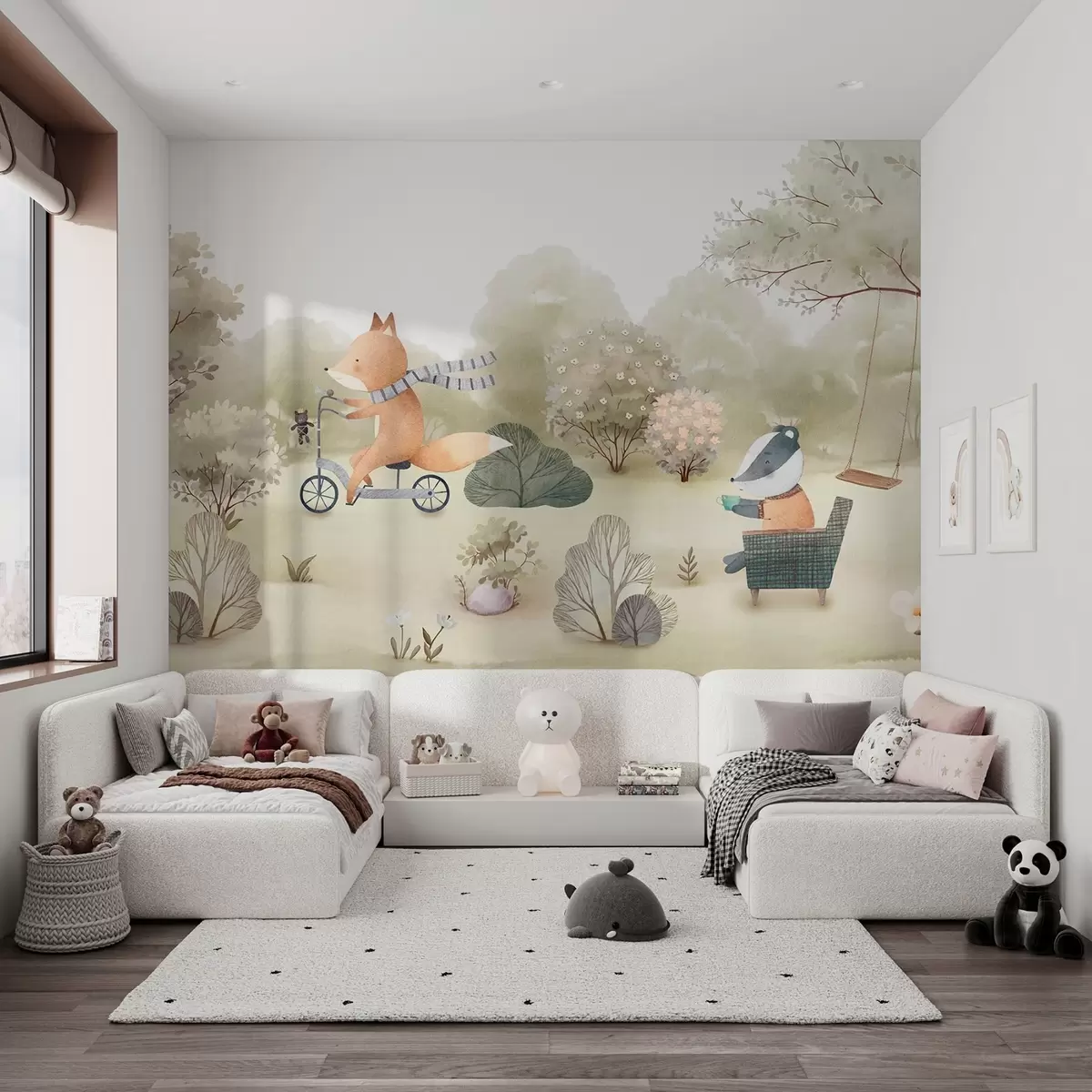 wall murals Лисица на бициклу и јазавац са чајем, шумске животиње у акварел стилу w09439