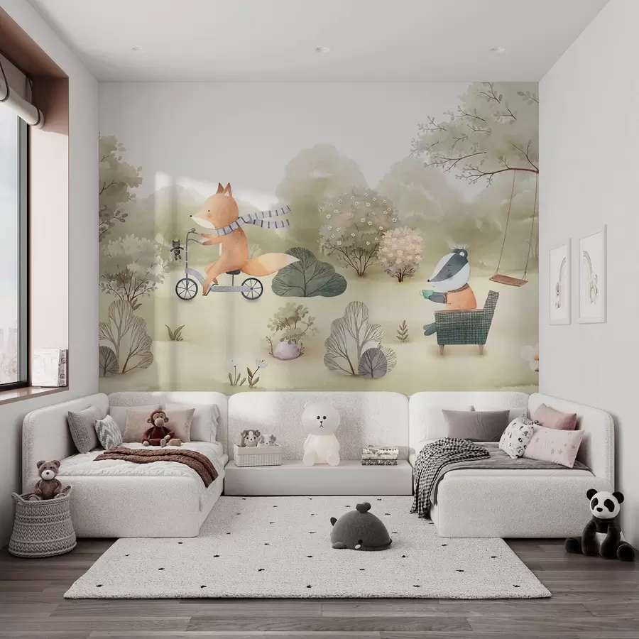 wall murals Лисица на бициклу и јазавац са чајем, шумске животиње у акварел стилу w09439