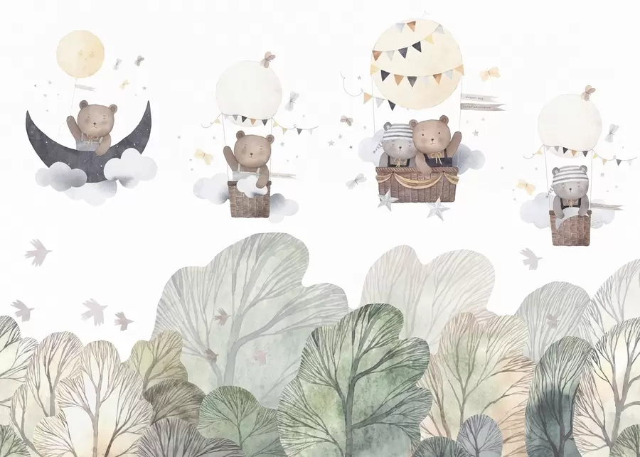 wall murals Балони у акварелном стилу са медведима изнад шуме w09437