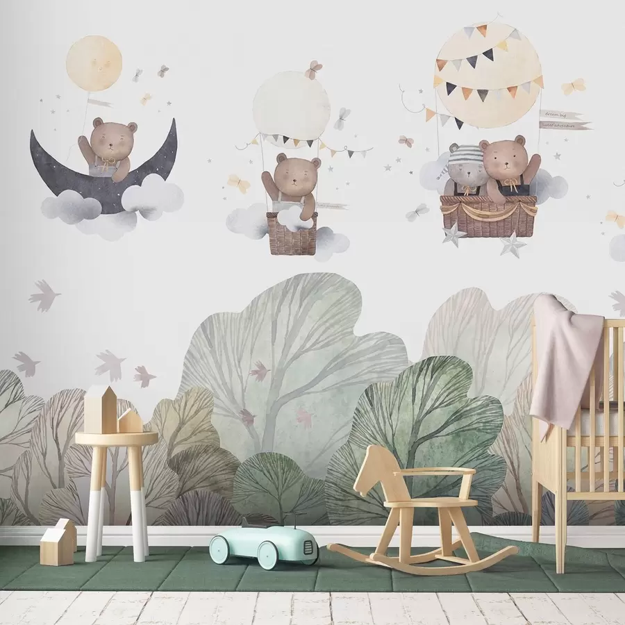 wall murals Балони у акварелном стилу са медведима изнад шуме w09437