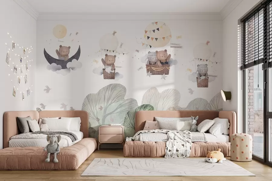 wall murals Балони у акварелном стилу са медведима изнад шуме w09437