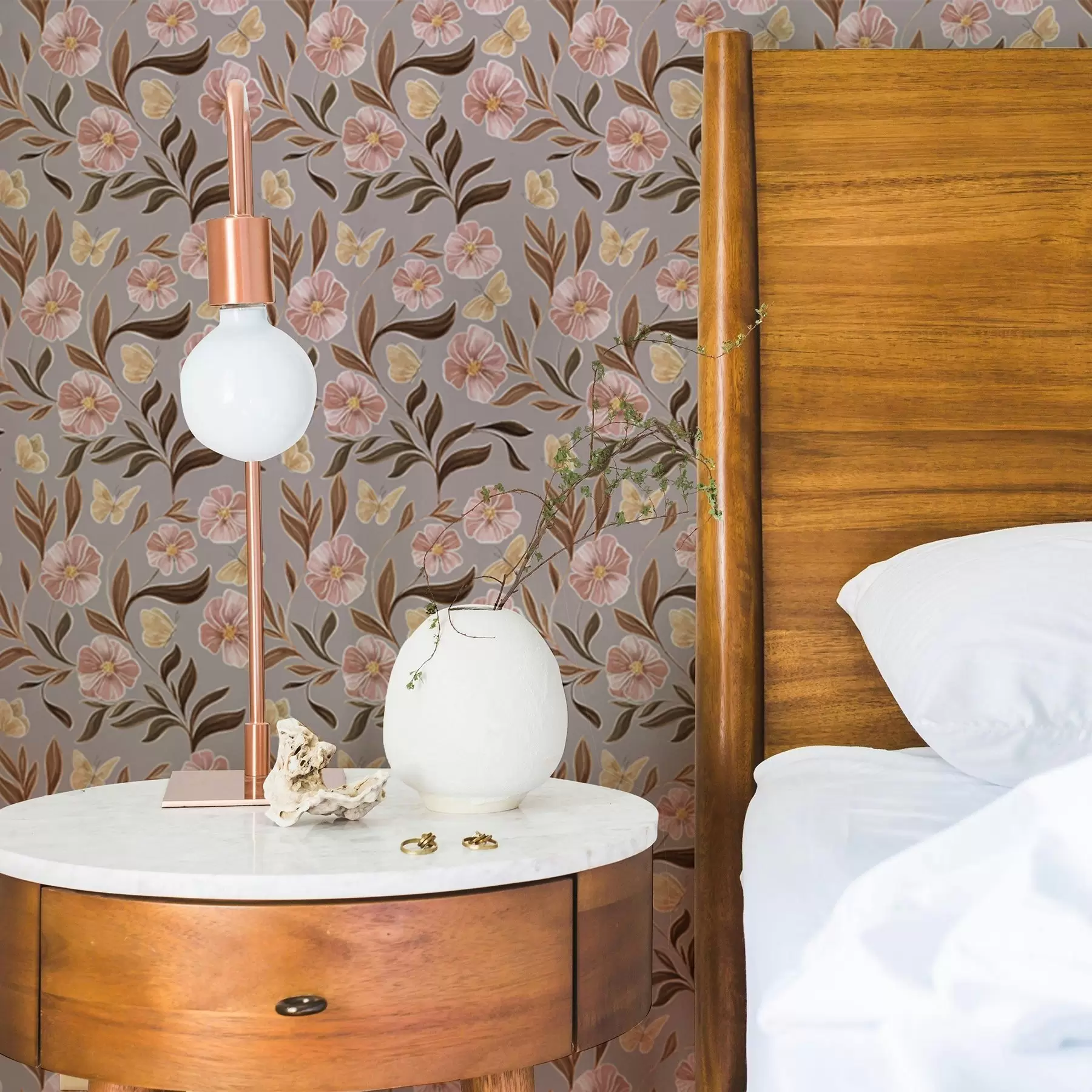 wall murals Ружичасти цветови и лептири на сиво-беж позадини a00633