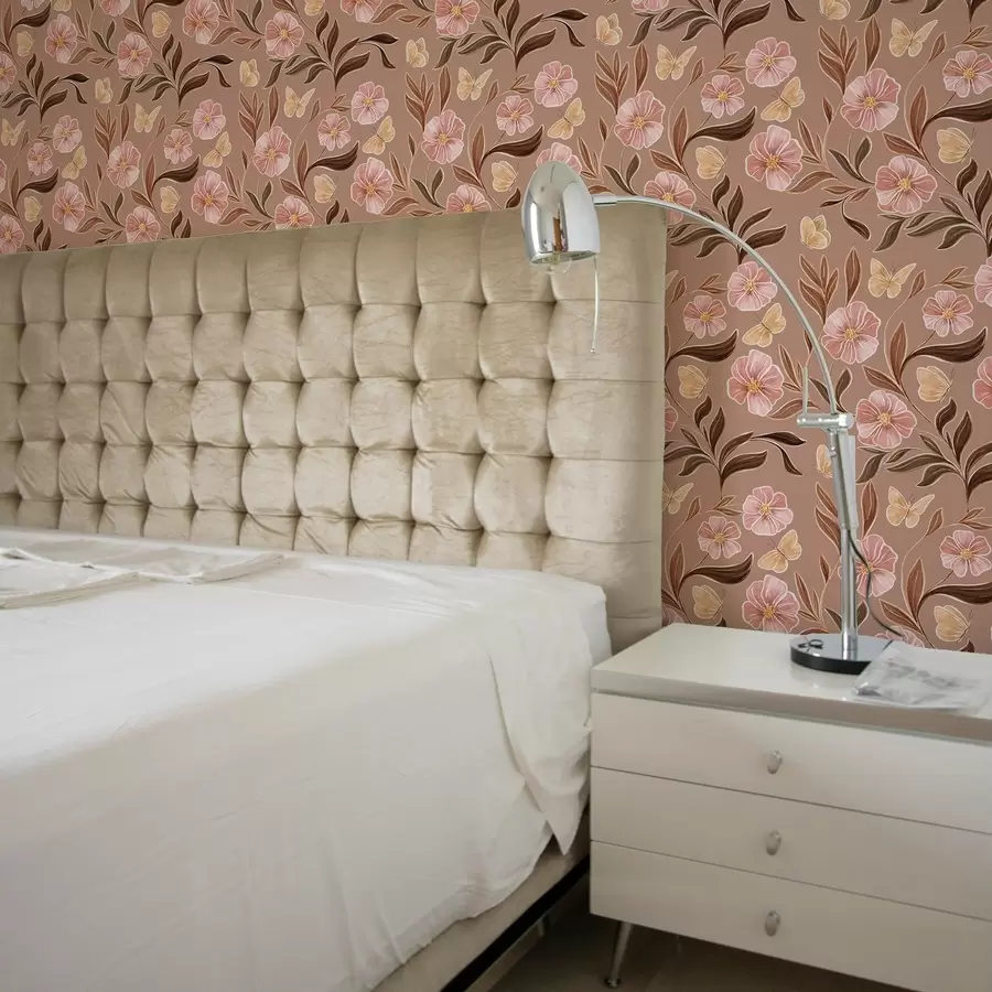 wall murals Ружичасто цвеће и лептири на топлој смеђој позадини a00633v1