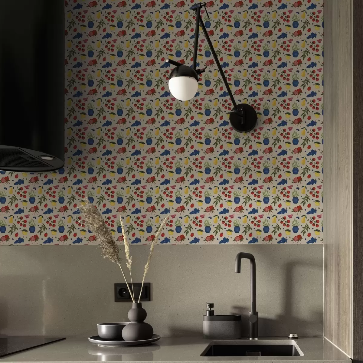 Позадина Живописан узорак са воћем, гранама и вазама a00637