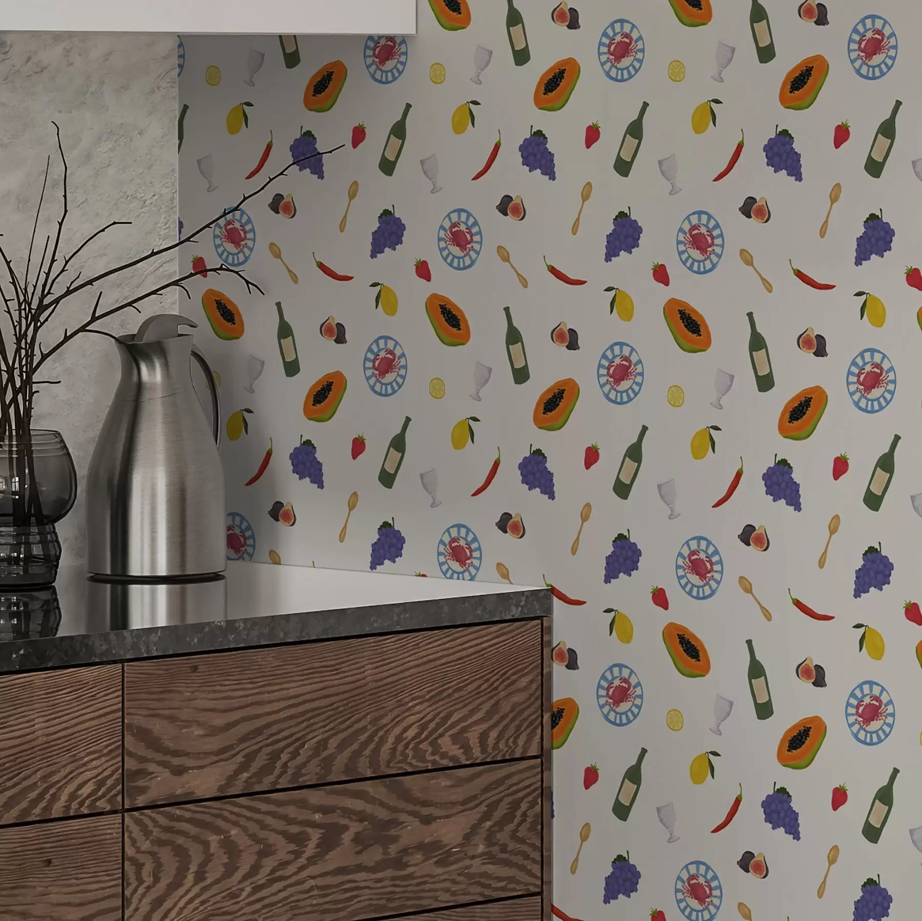 wall murals Аранжирано воће, вино и зачини на светлој позадини a00639