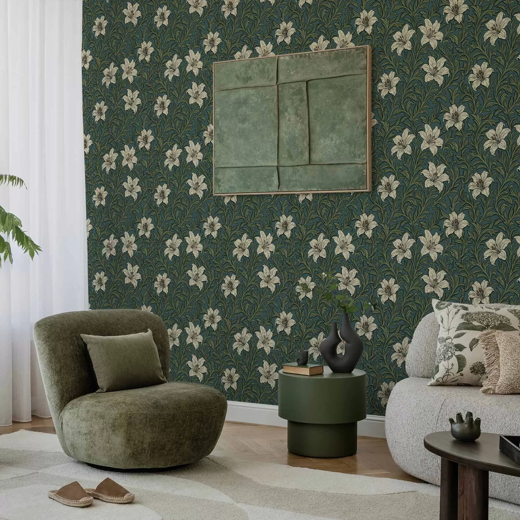 wall murals Кремасти љиљани међу густим зеленилом на тиркизној позадини a00645