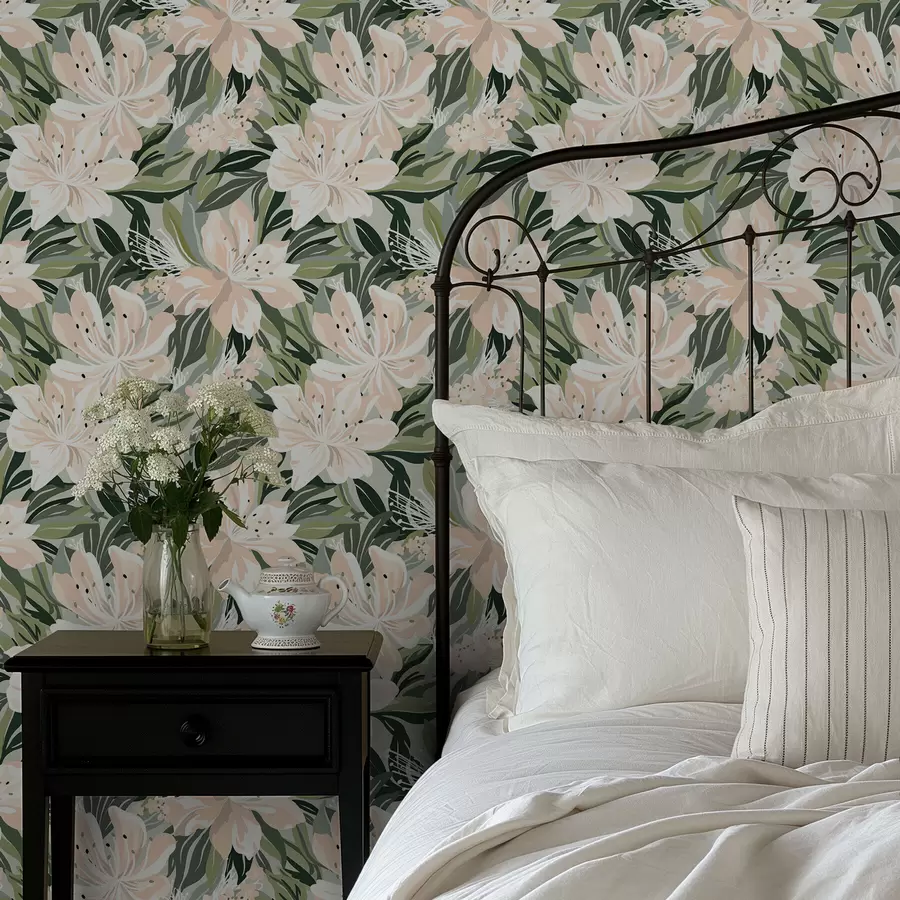 wall murals Велики кремасти цветови на светлозеленој позадини a00646