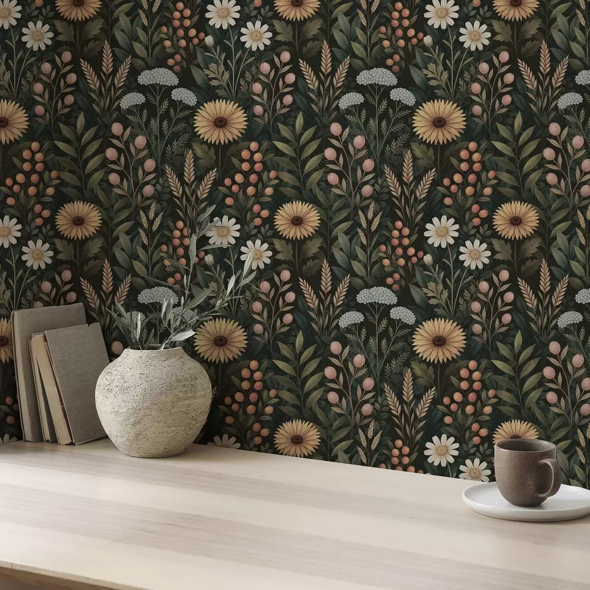 Позадина Дивље цвеће и бобице на тамној позадини, природни украс a00707