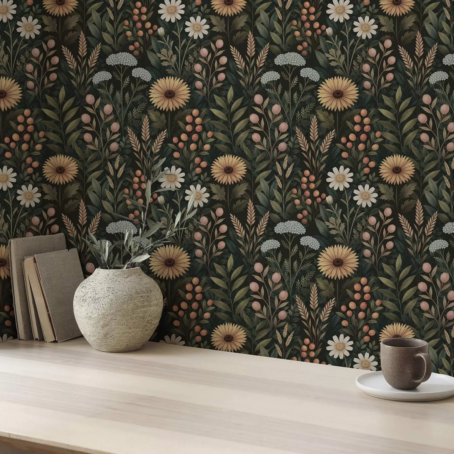 wall murals Дивље цвеће и бобице на тамној позадини, природни украс a00707