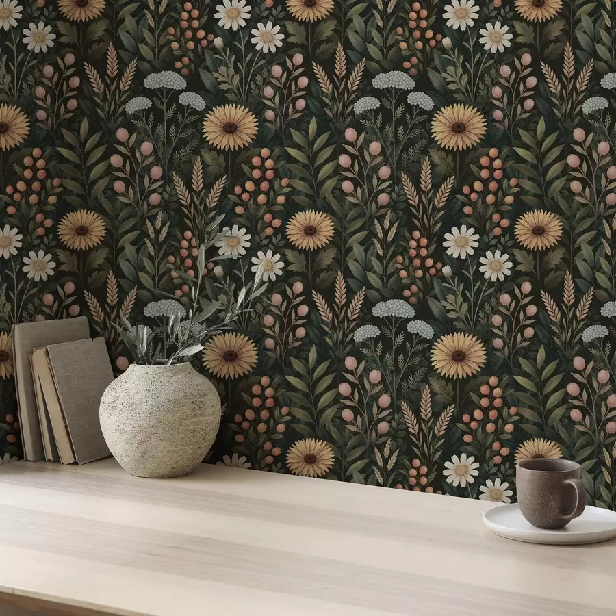 wall murals Дивље цвеће и бобице на тамној позадини, природни украс a00707