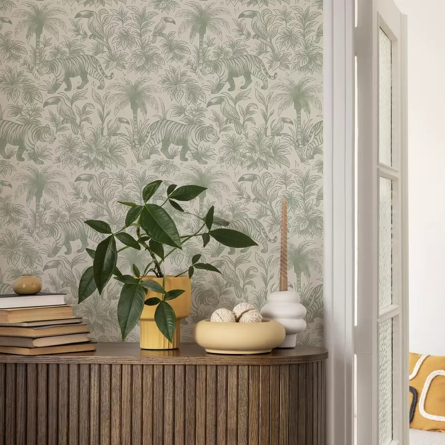 wall murals Тигрови и тропске птице међу палмама на светлој позадини a00711