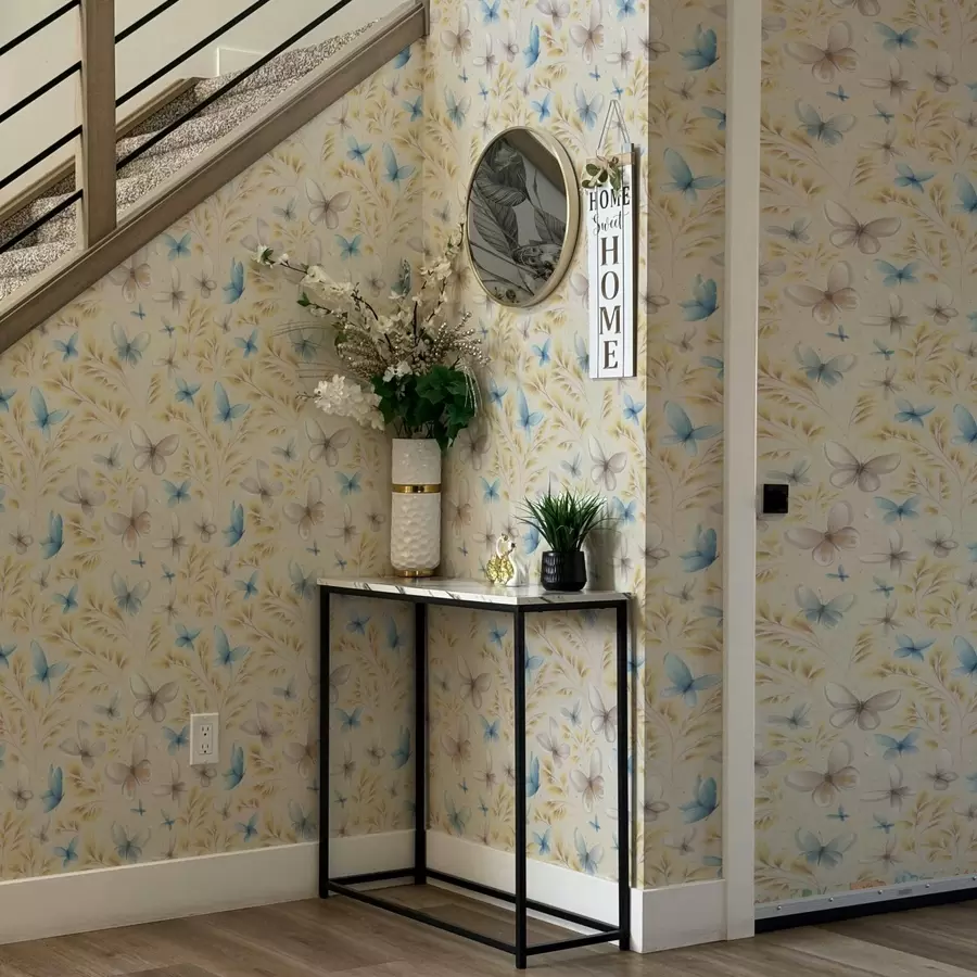 wall murals Светли лептирићи међу жутим листовима на светлој позадини a00795