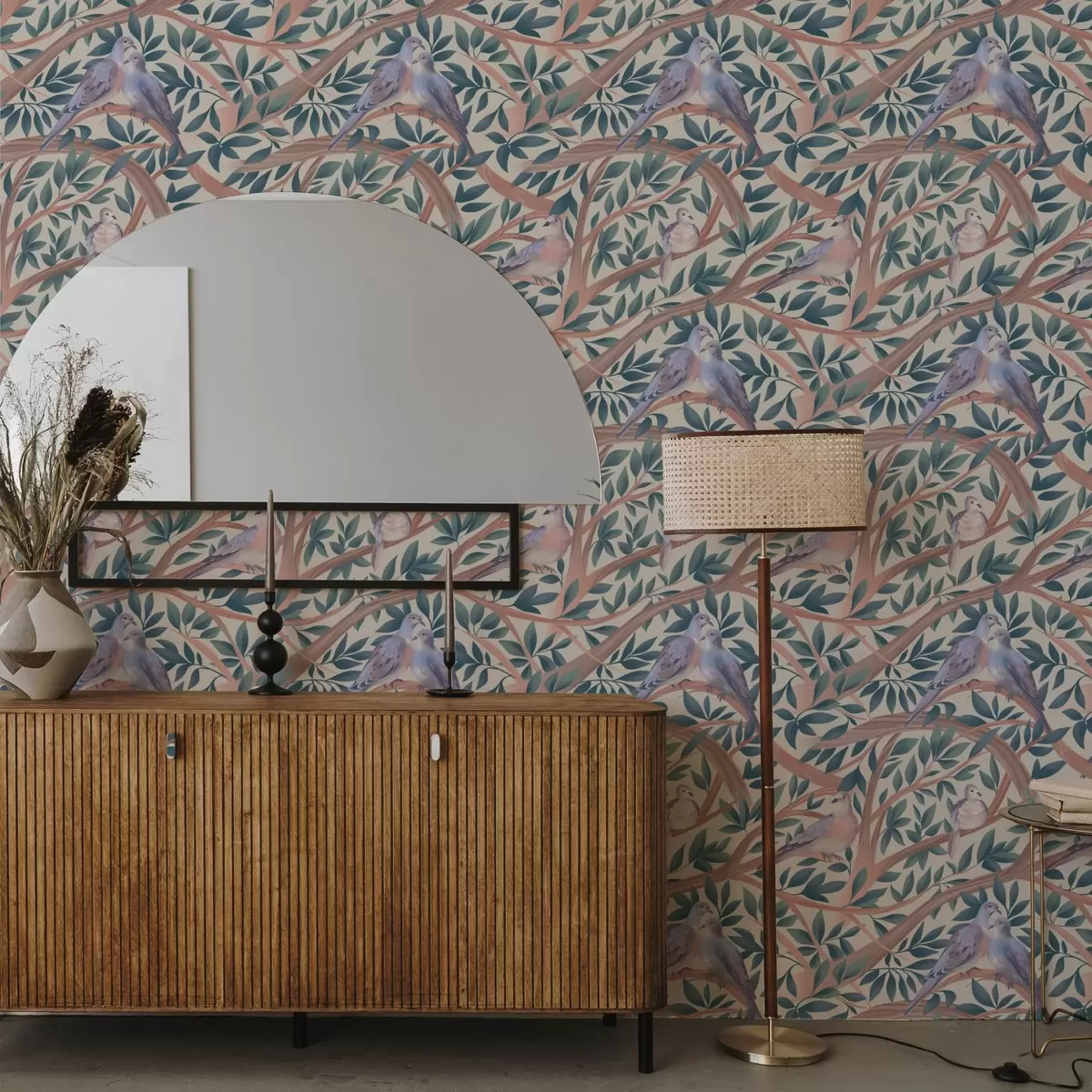 Позадина Голубови међу гранама и лишћем у мекој пастелној палети a00796