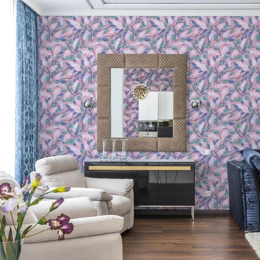 wall murals Нежни цветови јоргована на ружичастој позадини, пролећно расположење a00797