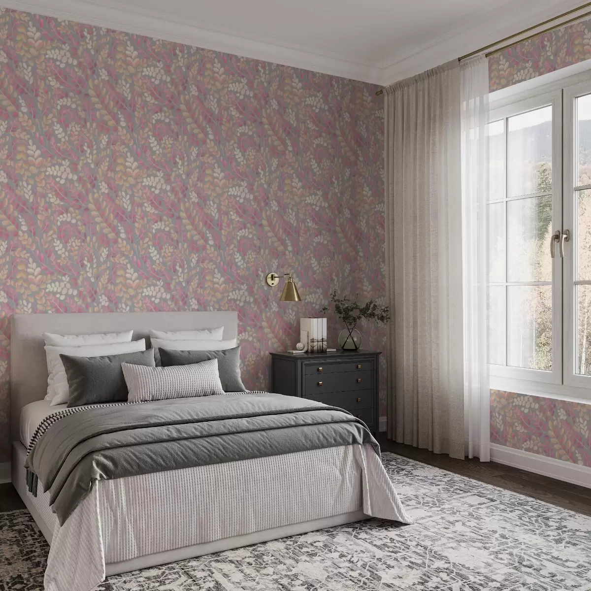 Позадина Пастелне гране са ружичасто-бресквастим лишћем на сивој позадини a00799v1