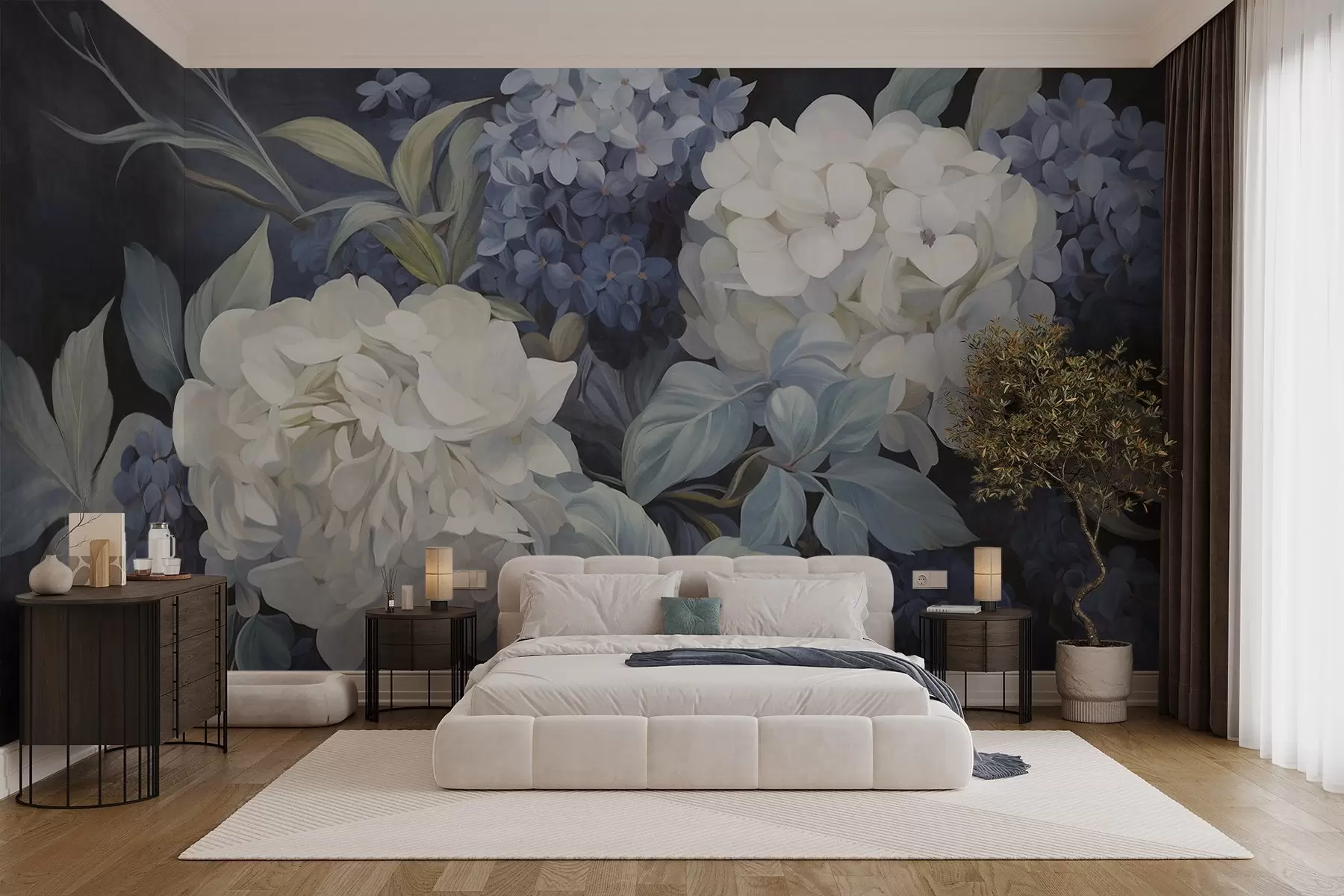 wall murals Текстурирана тамноплава слика имитација цветова хортензије са великим листовима, апстрактна и тамна позадина w09465v1