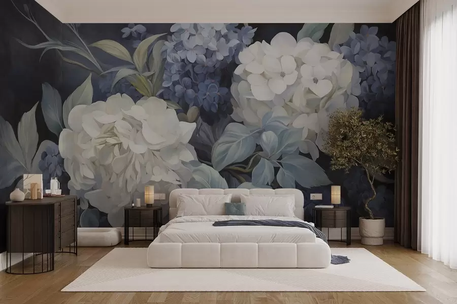 wall murals Текстурирана тамноплава слика имитација цветова хортензије са великим листовима, апстрактна и тамна позадина w09465v1