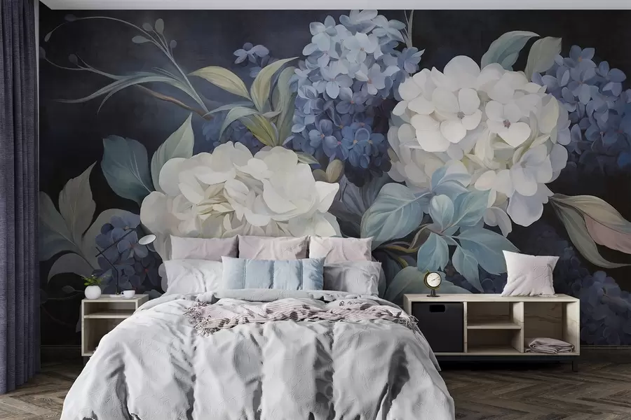 wall murals Текстурирана тамноплава слика имитација цветова хортензије са великим листовима, апстрактна и тамна позадина w09465v1