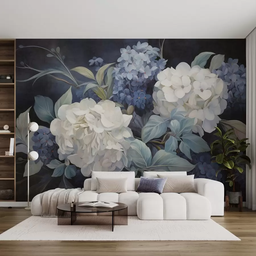 wall murals Текстурирана тамноплава слика имитација цветова хортензије са великим листовима, апстрактна и тамна позадина w09465v1