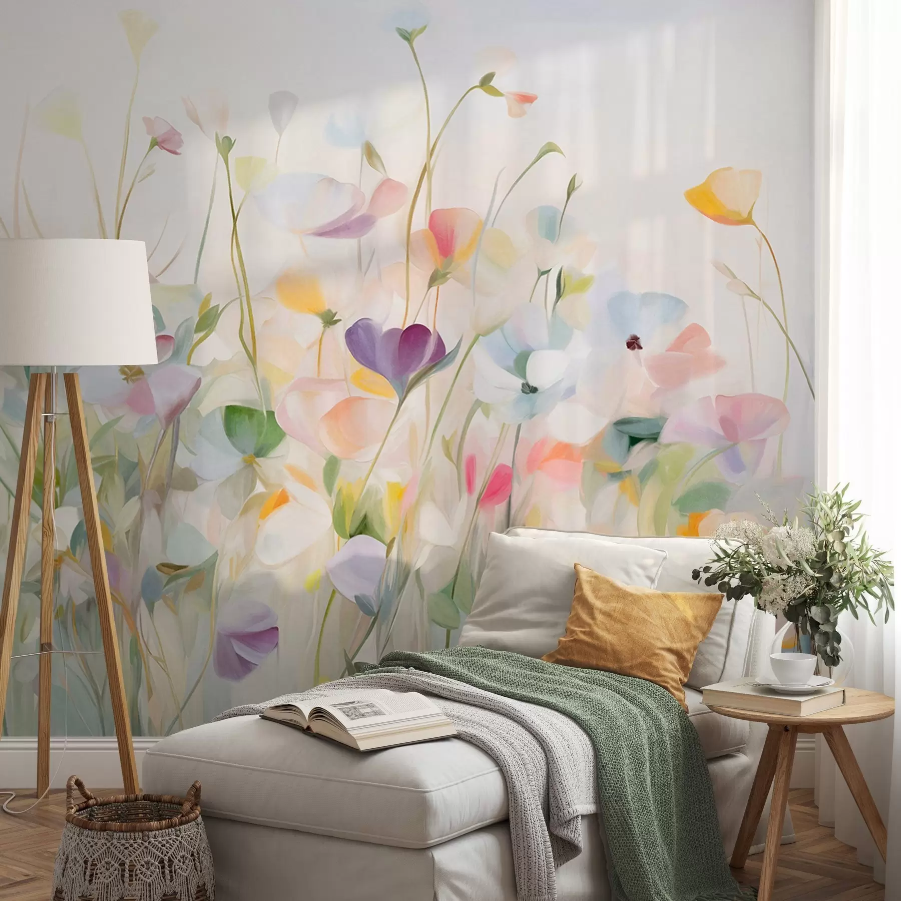 wall murals Апстрактно поље шареног цвећа са дугим стабљикама и зеленим листовима, текстурирано, пастелно, светло w09466