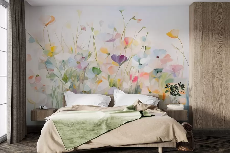 wall murals Апстрактно поље шареног цвећа са дугим стабљикама и зеленим листовима, текстурирано, пастелно, светло w09466