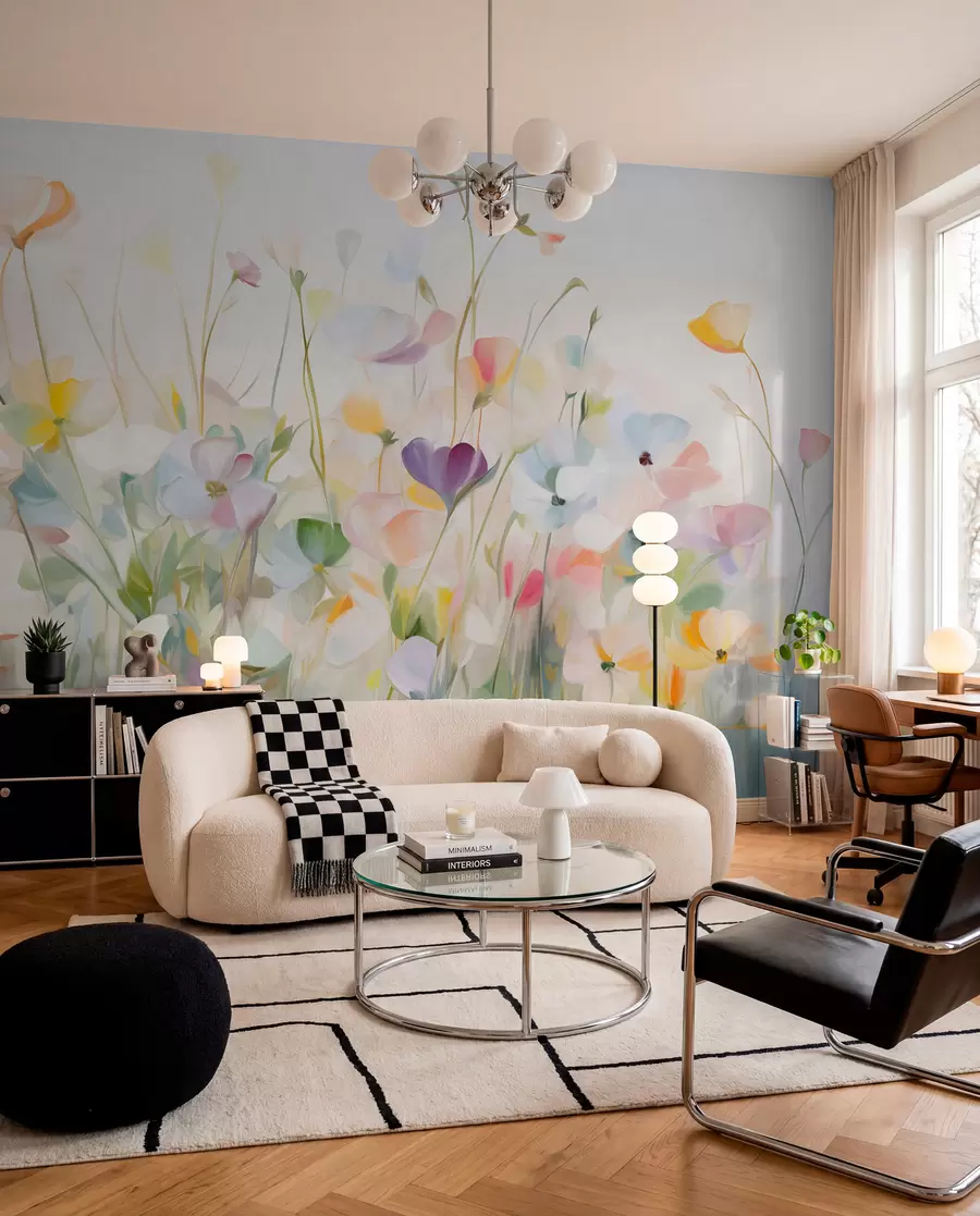 wall murals Апстрактно поље шареног цвећа са дугим стабљикама и зеленим листовима, текстурирано, пастелно, светло w09466