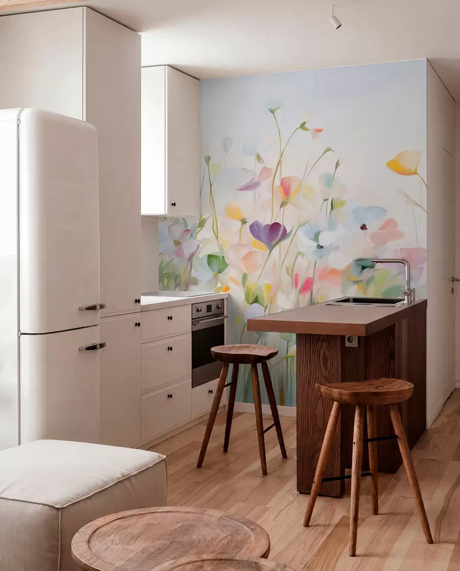 wall murals Апстрактно поље шареног цвећа са дугим стабљикама и зеленим листовима, текстурирано, пастелно, светло w09466