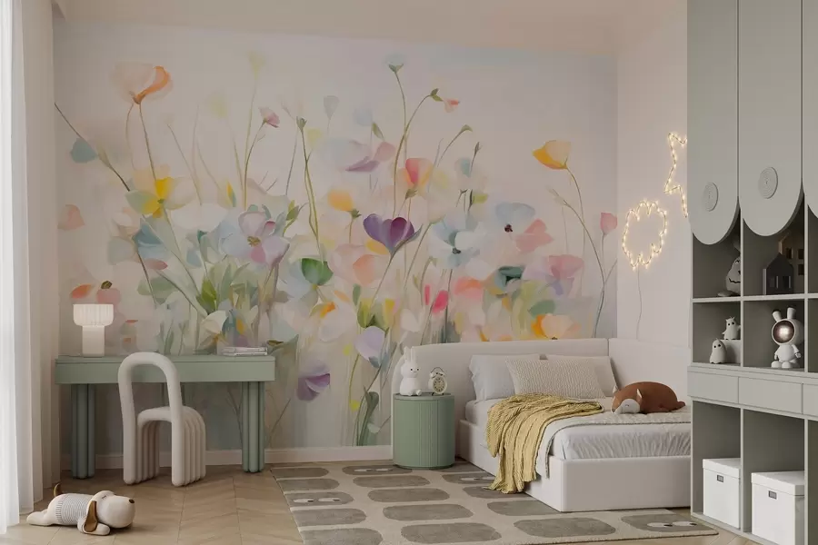 wall murals Апстрактно поље шареног цвећа са дугим стабљикама и зеленим листовима, текстурирано, пастелно, светло w09466
