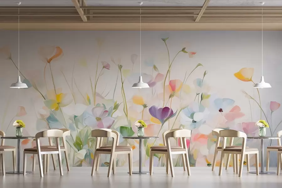 wall murals Апстрактно поље шареног цвећа са дугим стабљикама и зеленим листовима, текстурирано, пастелно, светло w09466