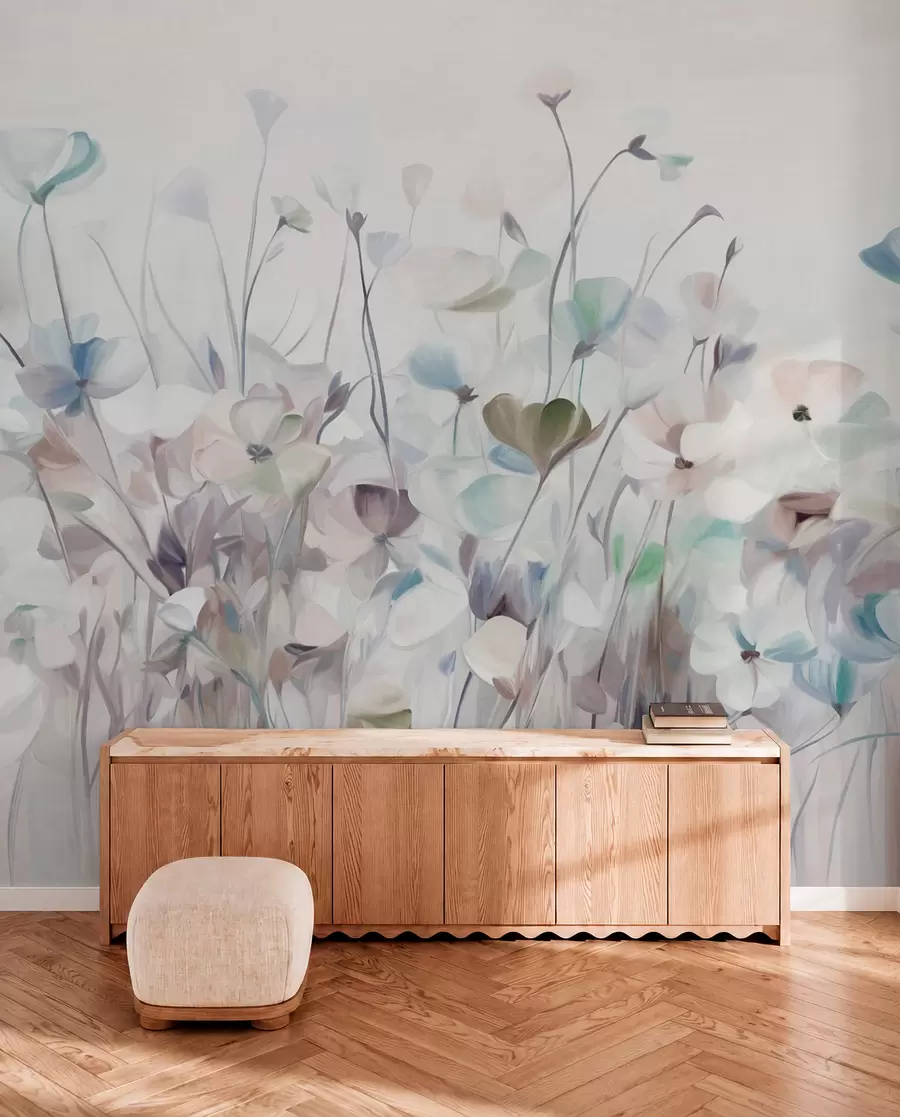 wall murals Апстрактно поље плавих и смеђих цветова са дугим стабљикама и листовима, текстурираних, пастелних, пригушених боја w09466v1