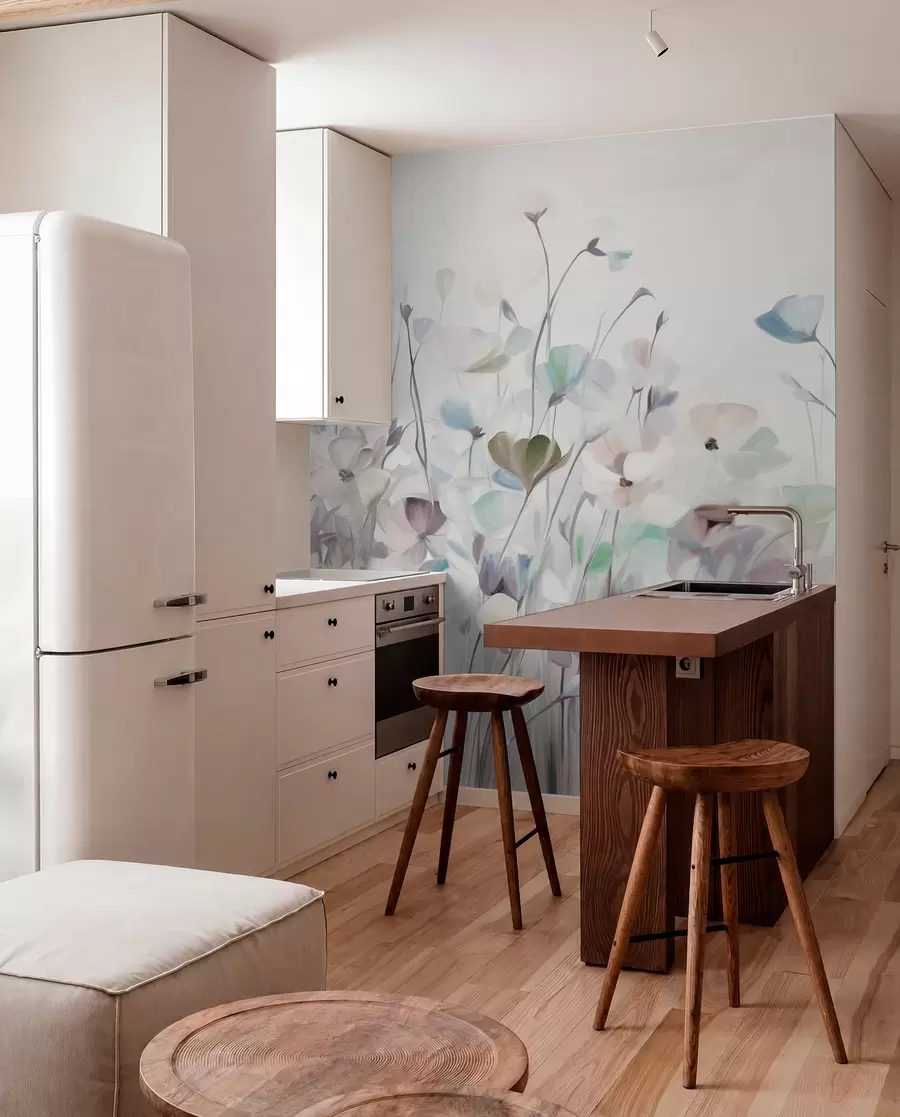 wall murals Апстрактно поље плавих и смеђих цветова са дугим стабљикама и листовима, текстурираних, пастелних, пригушених боја w09466v1