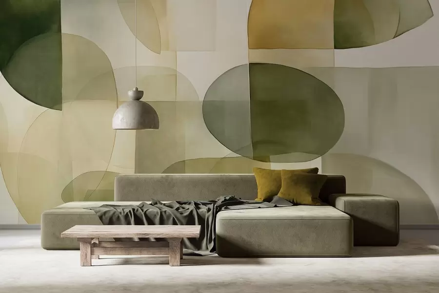 wall murals Апстрактни текстурирани облици у нијансама зелене и жуте, пригушени тонови, минималистичка композиција, неутрална позадина w09467