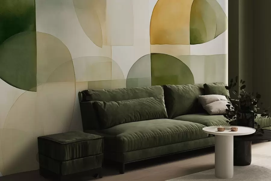 wall murals Апстрактни текстурирани облици у нијансама зелене и жуте, пригушени тонови, минималистичка композиција, неутрална позадина w09467
