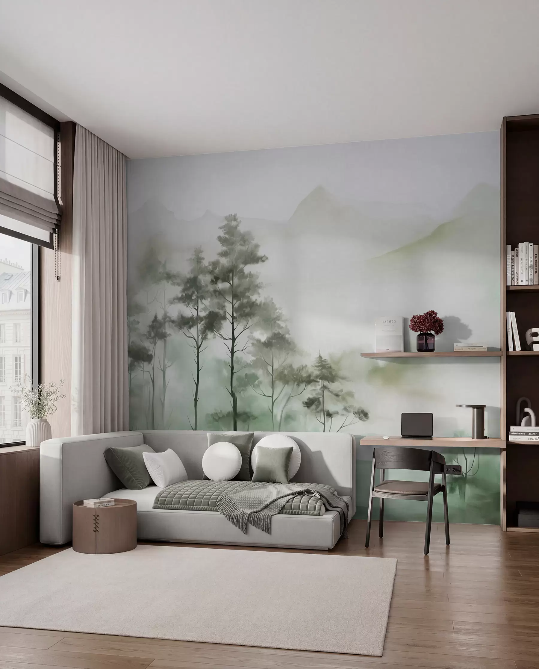 wall murals Магловити пејзаж са високим дрвећем и планинама, пригушени зелени и сиви тонови, минималистички стил, текстуриран w09469