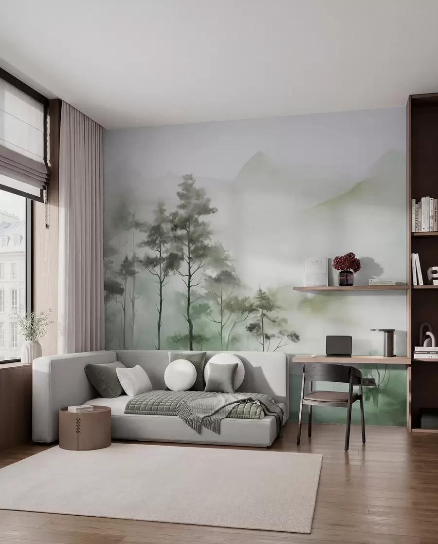 wall murals Магловити пејзаж са високим дрвећем и планинама, пригушени зелени и сиви тонови, минималистички стил, текстуриран w09469