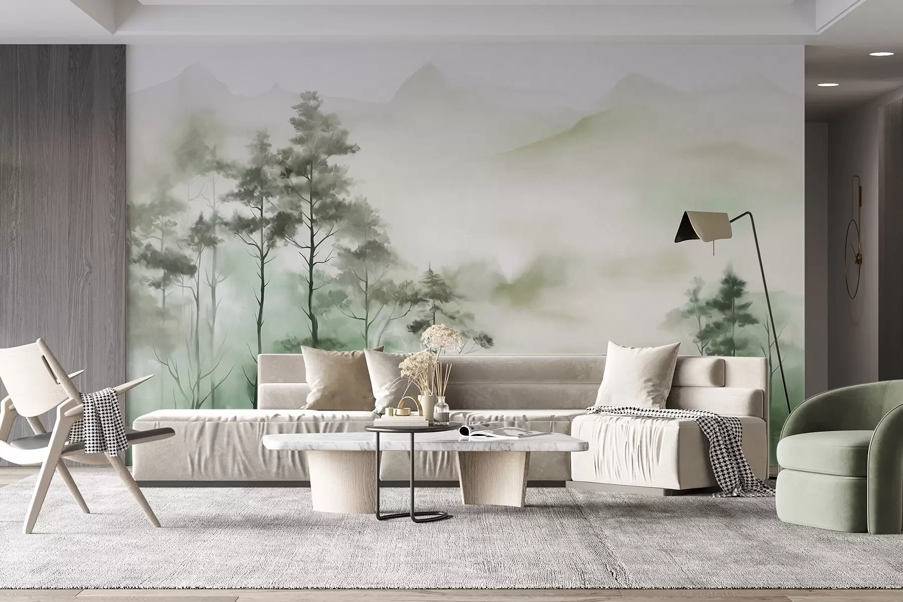 wall murals Магловити пејзаж са високим дрвећем и планинама, пригушени зелени и сиви тонови, минималистички стил, текстуриран w09469