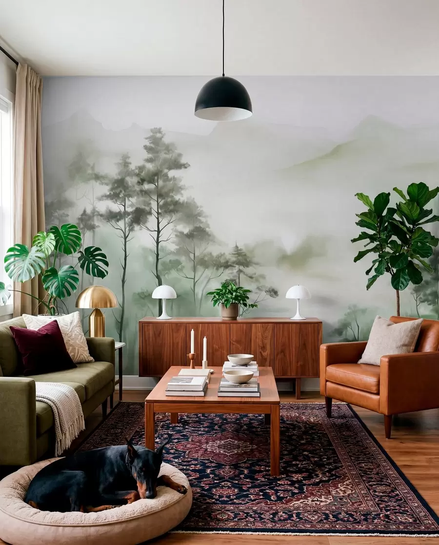 wall murals Магловити пејзаж са високим дрвећем и планинама, пригушени зелени и сиви тонови, минималистички стил, текстуриран w09469