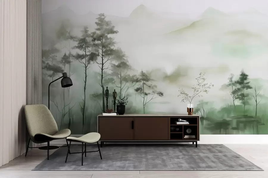 wall murals Магловити пејзаж са високим дрвећем и планинама, пригушени зелени и сиви тонови, минималистички стил, текстуриран w09469