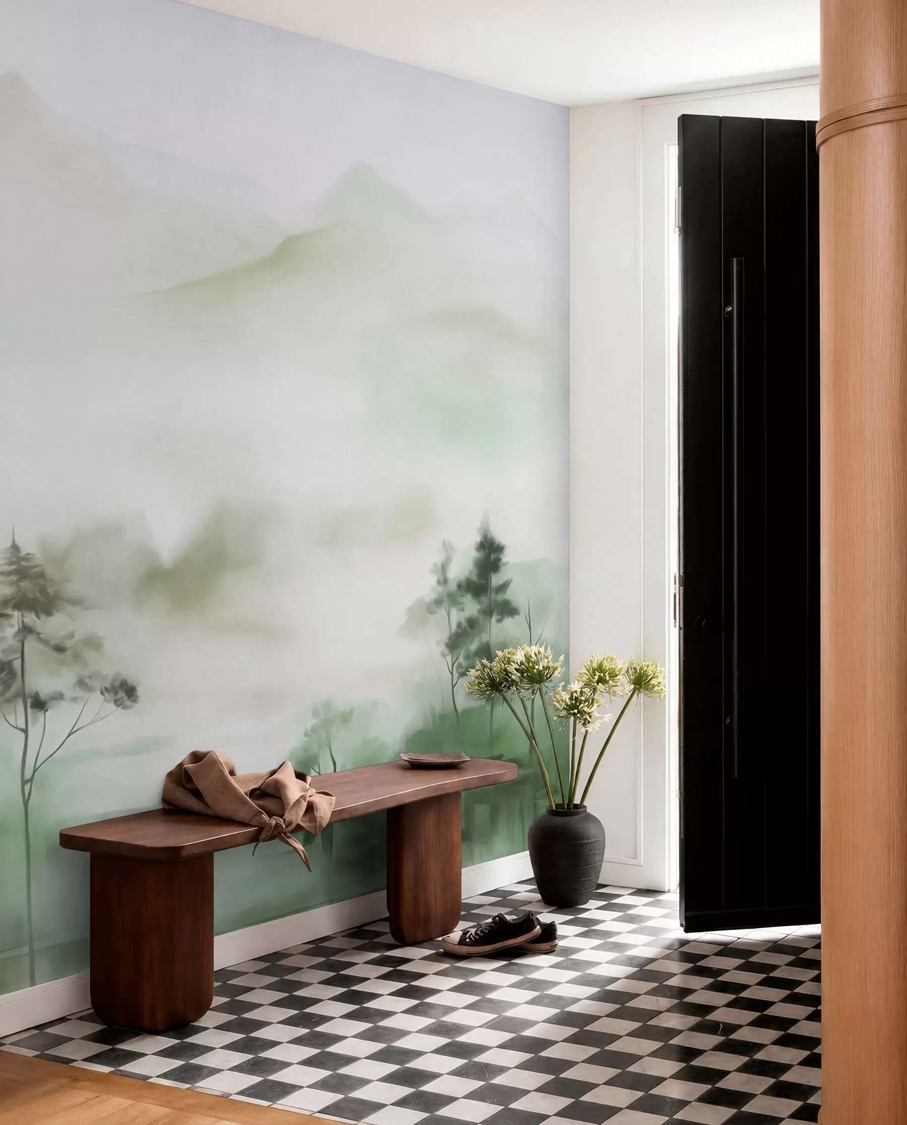 wall murals Магловити пејзаж са високим дрвећем и планинама, пригушени зелени и сиви тонови, минималистички стил, текстуриран w09469