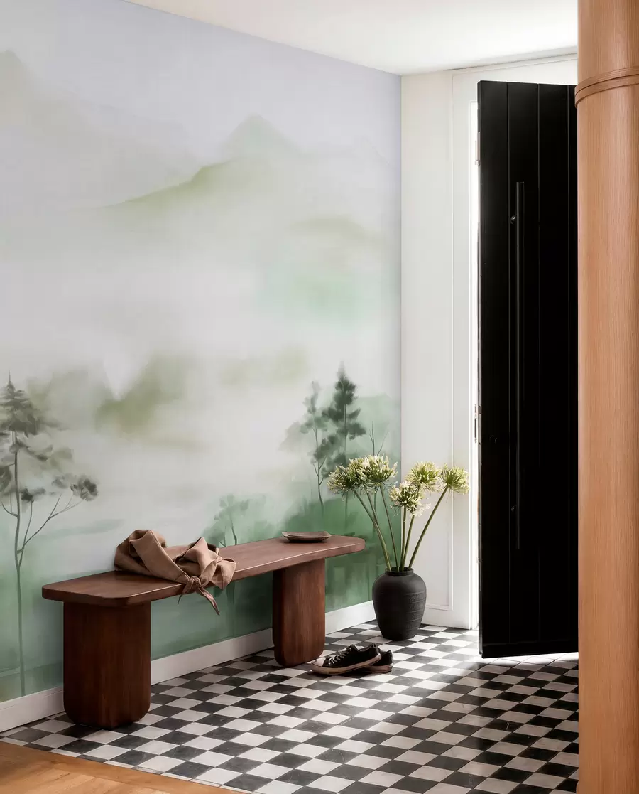 wall murals Магловити пејзаж са високим дрвећем и планинама, пригушени зелени и сиви тонови, минималистички стил, текстуриран w09469