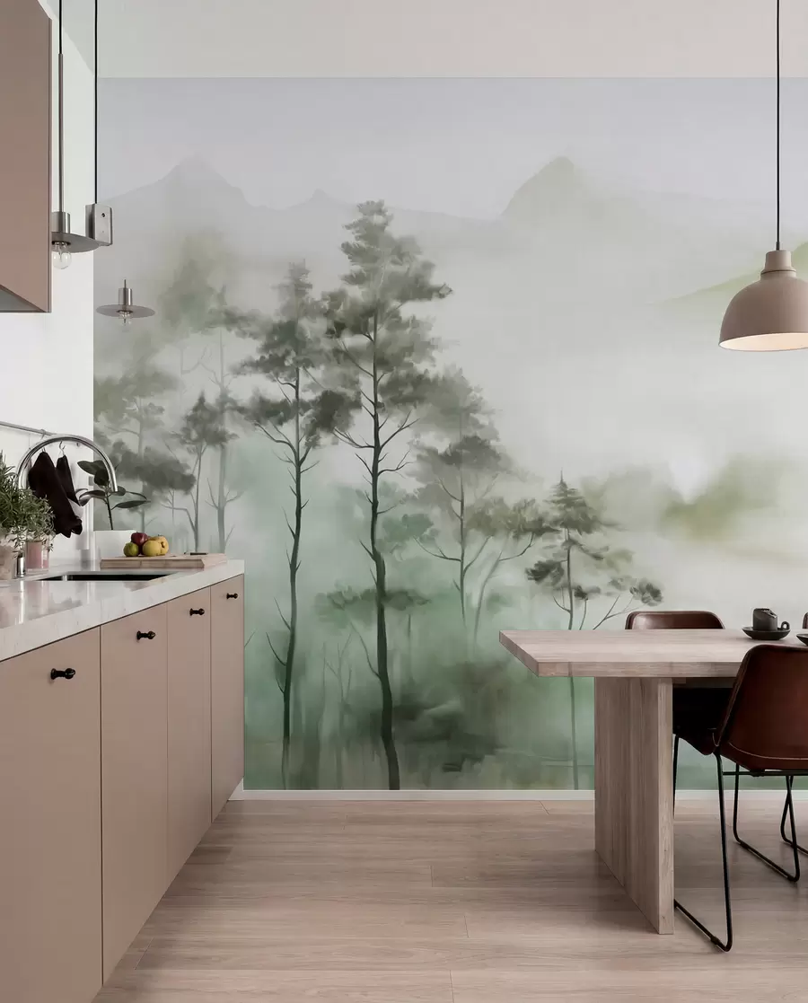 wall murals Магловити пејзаж са високим дрвећем и планинама, пригушени зелени и сиви тонови, минималистички стил, текстуриран w09469