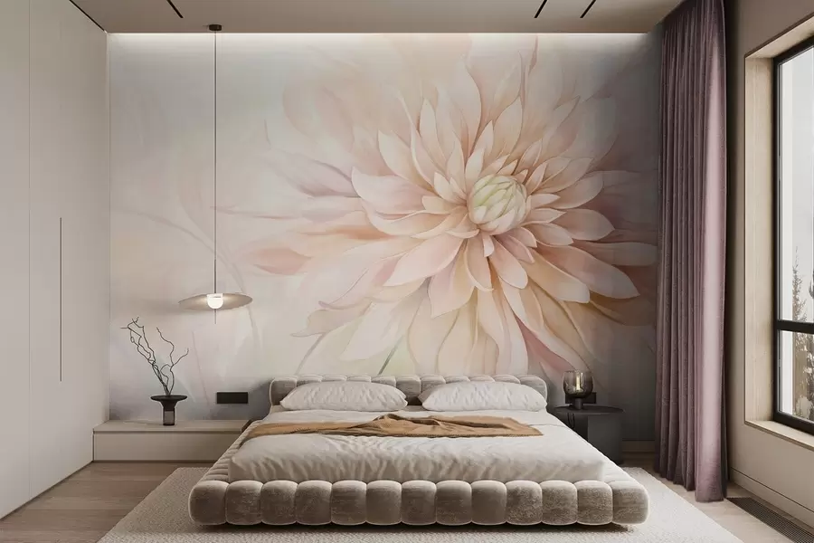wall murals Светло ружичасти цвет далије са много латица, мека текстурирана пастелна позадина са нотама зелене и беж боје w09470