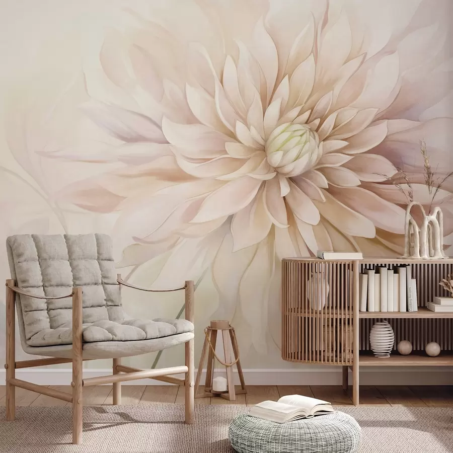 wall murals Светло ружичасти цвет далије са много латица, мека текстурирана пастелна позадина са нотама зелене и беж боје w09470