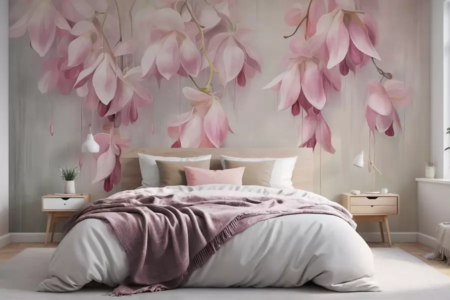 wall murals Висеће ружичасто цвеће, светло сива позадина, цветни текстурирани аранжман, ботаничка уметност, пастелне боје w09471