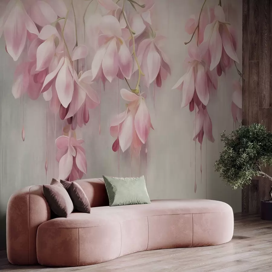 wall murals Висеће ружичасто цвеће, светло сива позадина, цветни текстурирани аранжман, ботаничка уметност, пастелне боје w09471