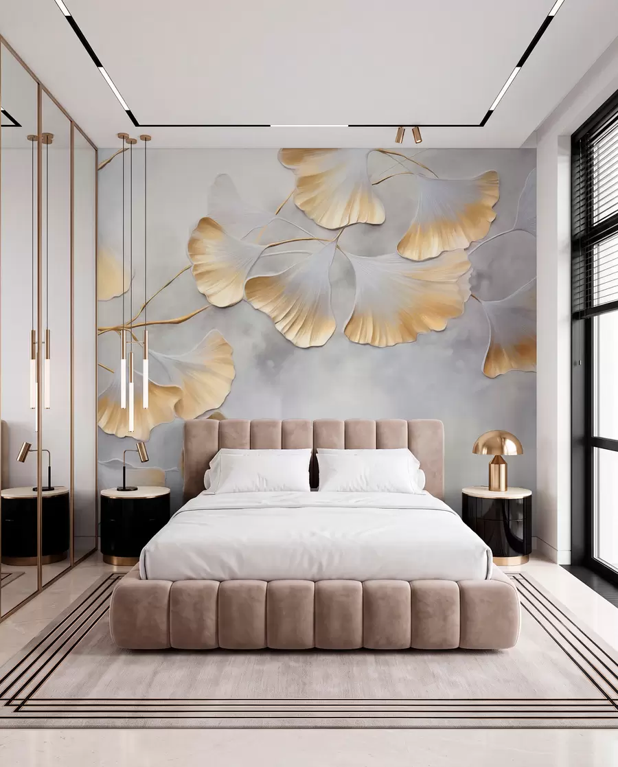 wall murals Листови гинка билобе са жутим ивицама на грани, сива текстурирана позадина, елегантан и минималистички дизајн w09472