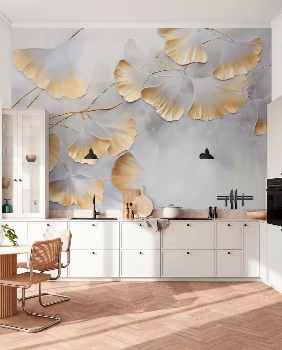 wall murals Листови гинка билобе са жутим ивицама на грани, сива текстурирана позадина, елегантан и минималистички дизајн w09472