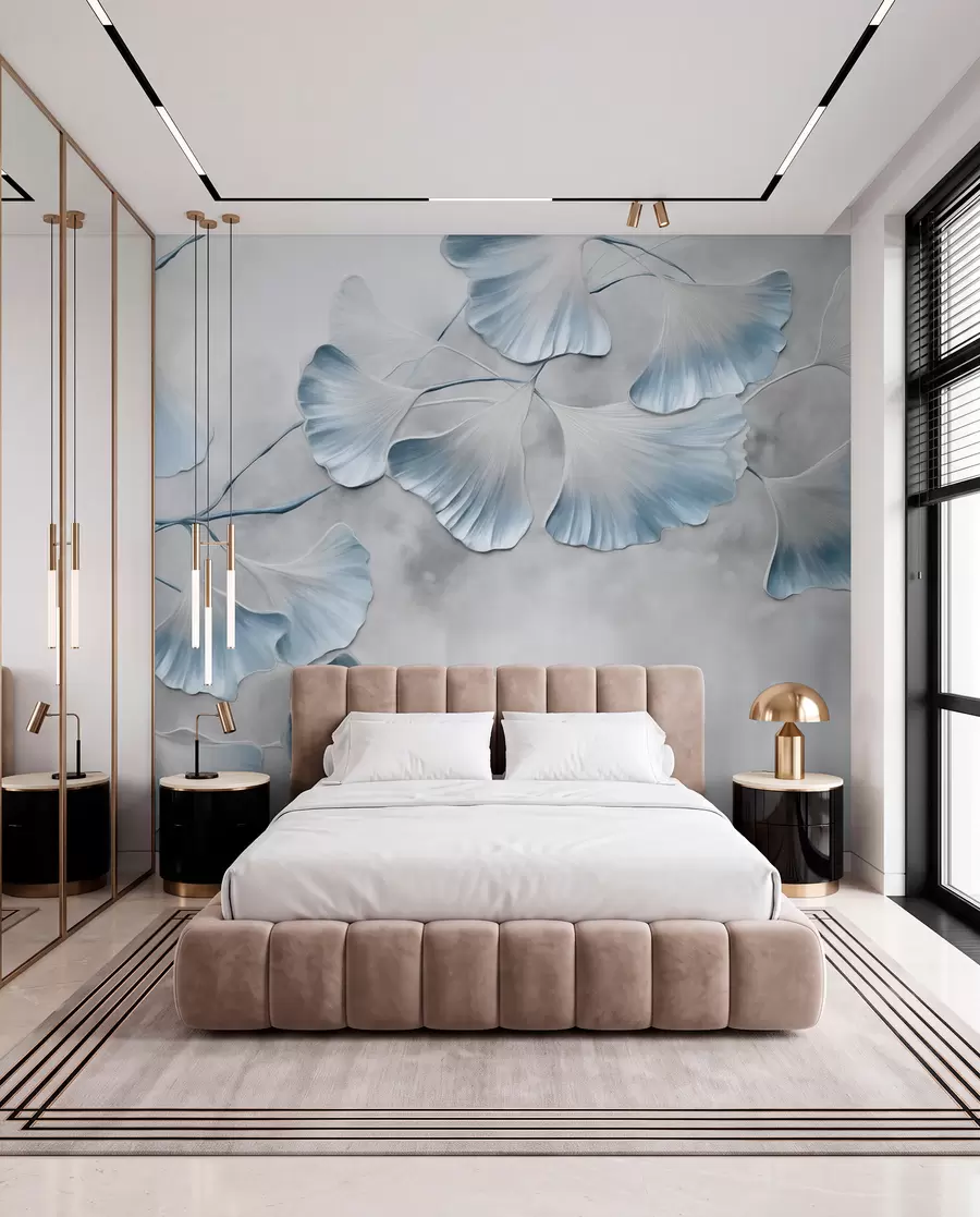 wall murals Листови гинка билобе са плавим ивицама на грани, сива текстурирана позадина, елегантан и минималистички дизајн w09472v1